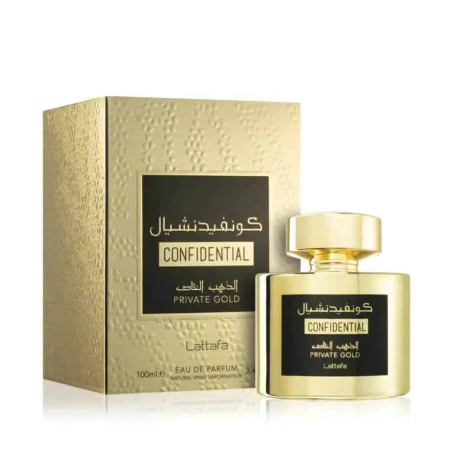 Lattafa Confidential Private Gold Perfume 100ml EDP Box and Bottle