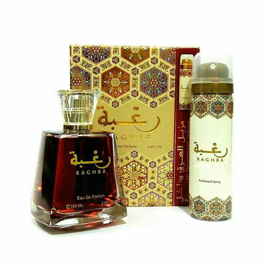 Raghba 100ml EDP with Deodorant Bottle and packet front