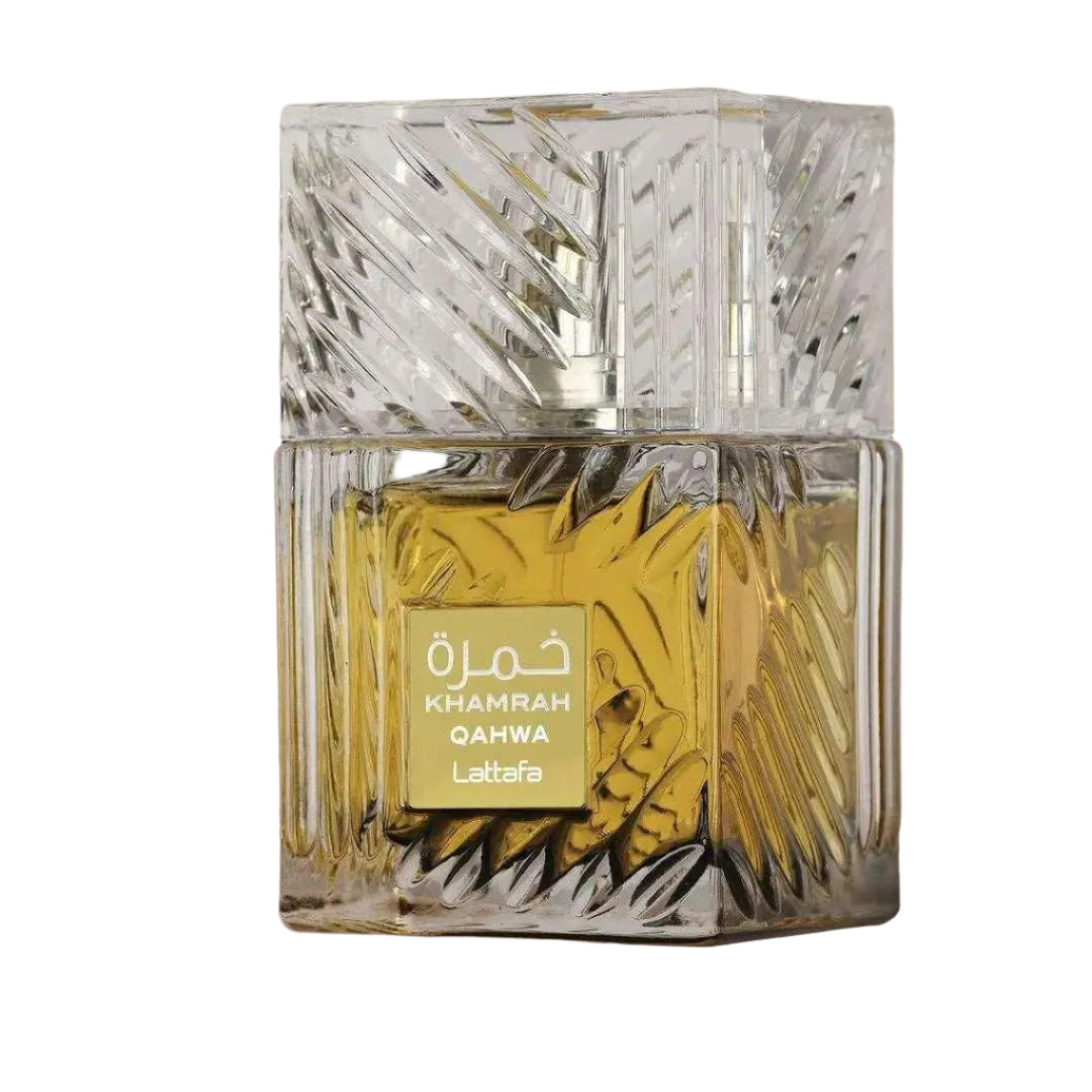 lattafa khamrah qahwa by lattafa in a 100ml stylish goled bottle